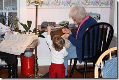 Theodore tries to point out a couple of things to Grammy while she sews