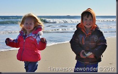 Jacqueline and Theodore walk in the sand at Hampton Beach. The wind was blowing at 10-15 MPH with a wind chill at freezing, but they had a blast chasing gulls and shells.