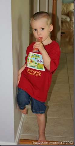 3 years old and looking good wearing his favorite t-shirt. Theodore enjoys a freeze pop while showing daddy his new haircut.