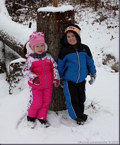 The twins quickly pose for a picture. This was harder than you think. They wanted to keep moving. Two things on their minds, tracking squirrels and making snow angels.