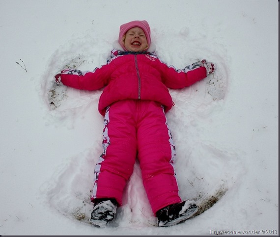 Separately, Jacqueline didn't open her eyes. She told me, "Snow is falling in my eyes. I can't open them." Fair enough. She still made her snow angel.