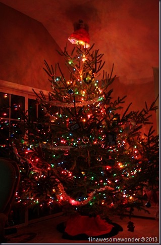 Night falls, the lights on the tree are the only lights powered on in the family room. Okay, it's a huge tree, some 9 1/2 feet tall. It means more room for the kids' presents I guess.