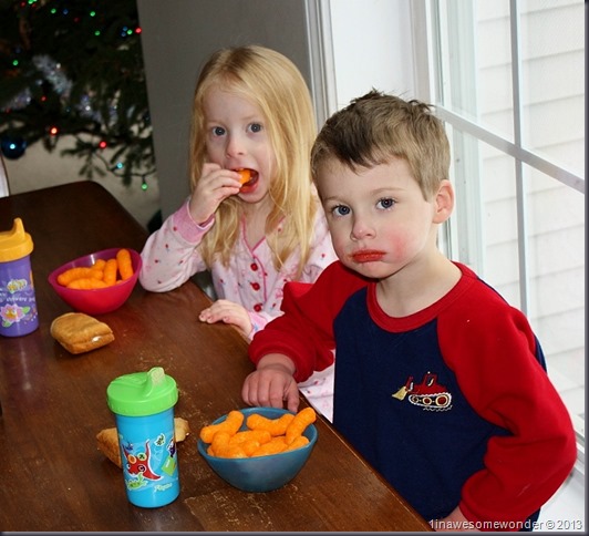 Back inside, rosy cheeks, and orange Cheetos made them forget the cold. They took roughly 20 seconds to get dressed back down to their jammies.