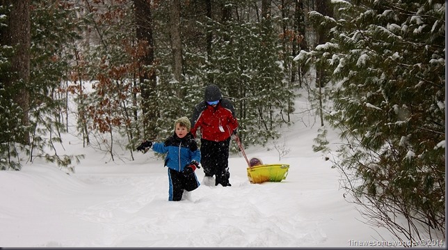 The kids come up the driveway, doing what they're supposed to do, making the best of a snow day in February. 