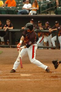 Riley Palmer hitting with the IronBirds. (photo courtesy of Riley Palmer and the IronBirds)