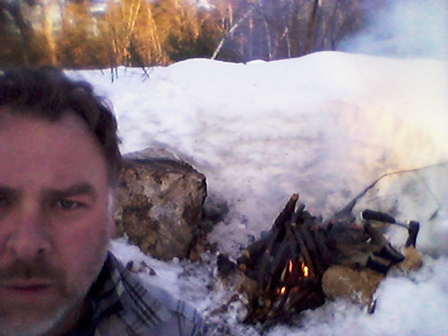 Warming up and drying out by my fire. Feels like 18F, except by the fire. (photo by 1inawesomewonder)