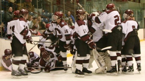 The Grizzlies gone wild! Celebrating an overtime win versus Windham. (c) 1inawesomewonder. (Photo by Charron)