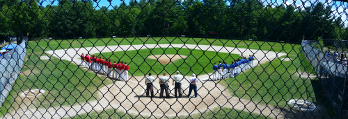 Lamprey River and Somersworth line up during the National Anthem. Babe Ruth (13-15) State Championship. Allard Park, Goffstown, NH. 07192016. (C) 1inawesomewonder.