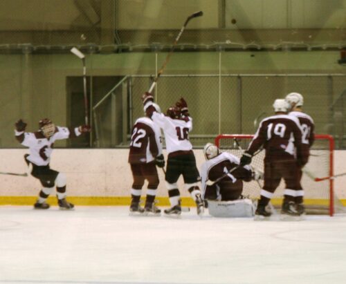 click on image to enlarge Noah Charron and Sebastian Beal celebrating go-ahead goal third period